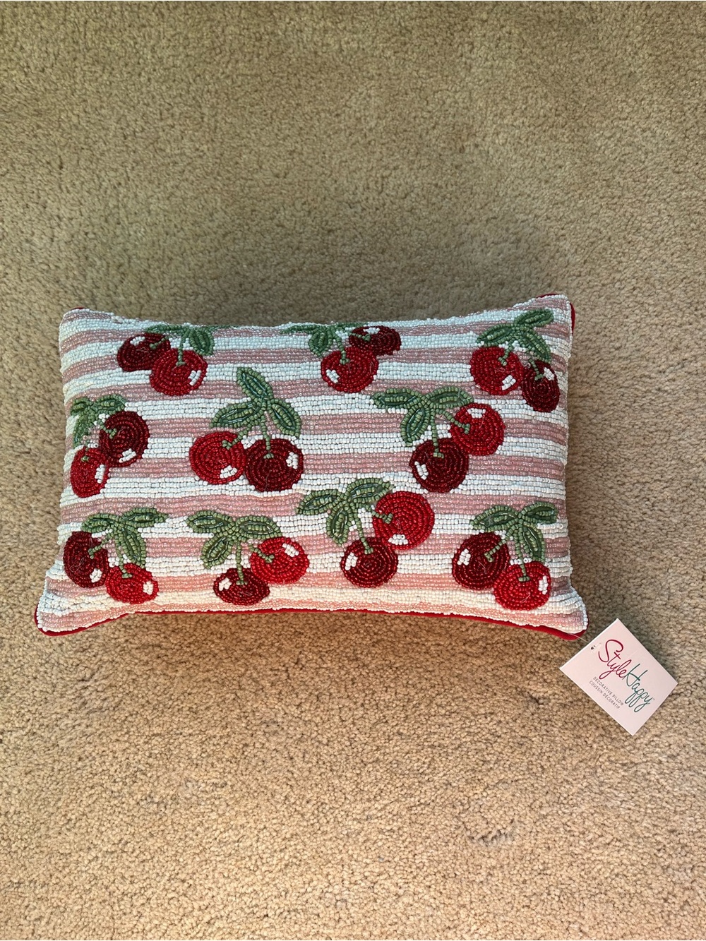 NWT Style Happy Beaded CHERRY Cherries Striped Decorative Throw Pillow - 15”x9”